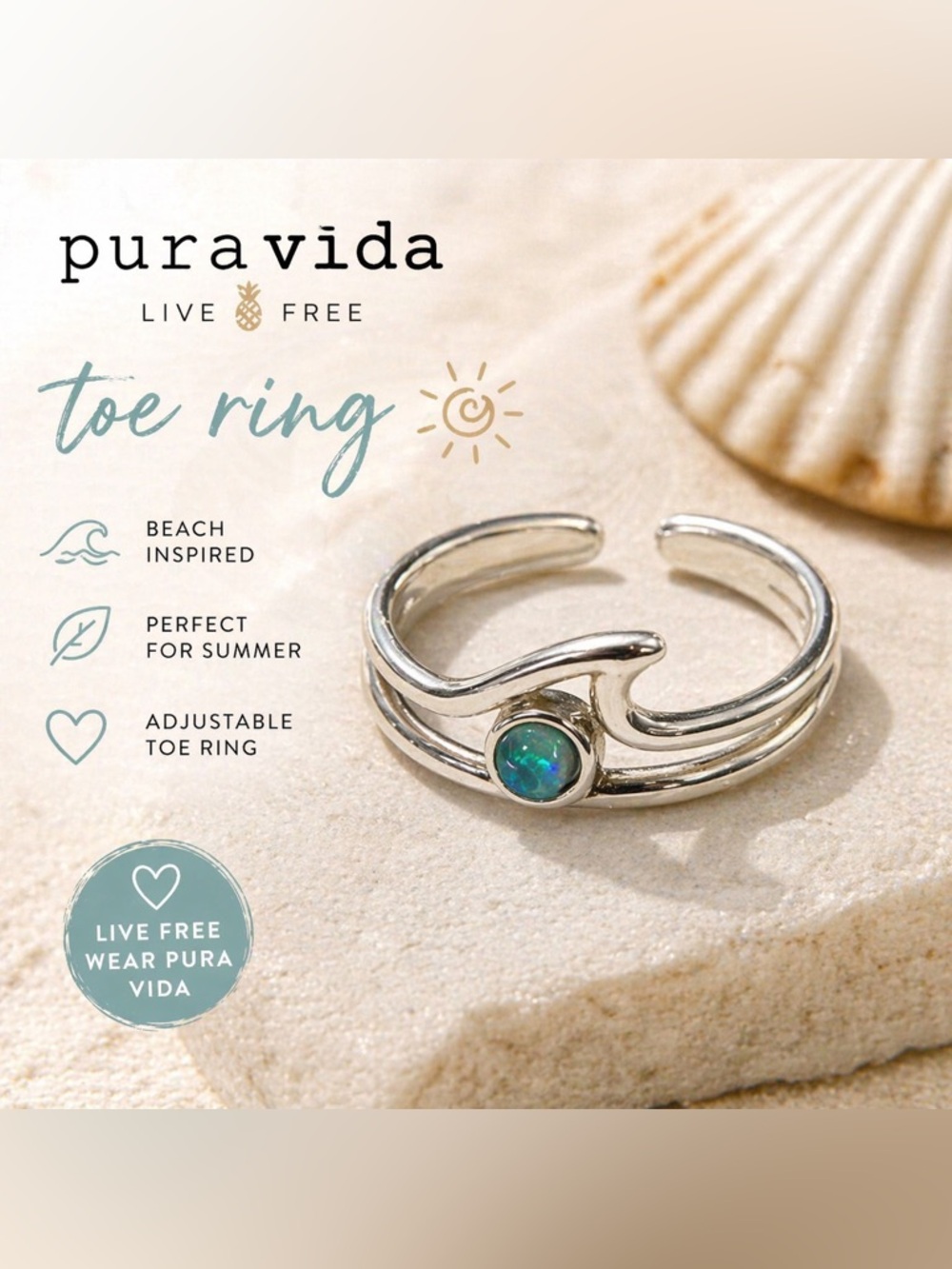 Pura Vida Silver Opal Toe Ring Adjustable Beach Style